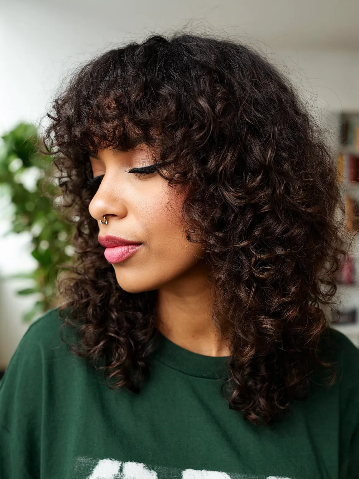 Curly Shoulder-Length Layers with Blunt Bangs in Chocolate Brown